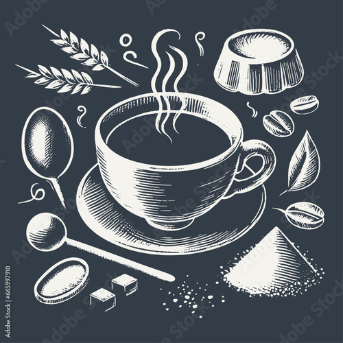Cafe graphic elements. Vintage woodcut engraving style hand drawn vector illustration on dark background.