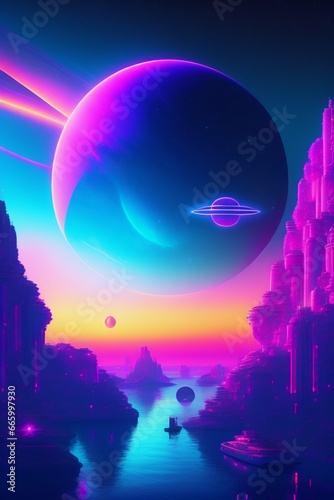 Synthwave perspective of rosary floating on the universe blessed atmosphere neon lights