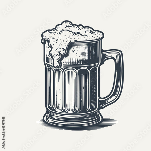 Glass beer mug with big foam on top. Vintage woodcut engraving style hand drawn vector illustration.