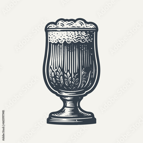 Glass with a big foam on top. Vintage woodcut engraving style hand drawn vector illustration.