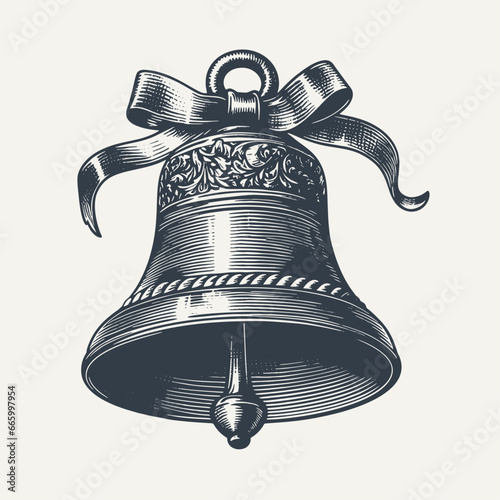 Christmas bell. Vintage woodcut engraving style hand drawn vector illustration.