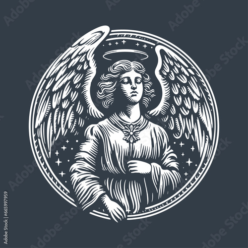 Angel with halo. Vintage woodcut engraving style hand drawn vector illustration on dark background.