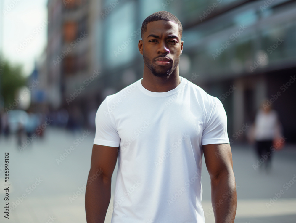 A mockup of an young black man wearing a white T-shirt, outdoor background