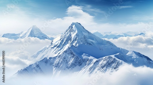 Snowy mountain peak towering above the clouds, its pristine white slopes contrasting against the deep blue sky