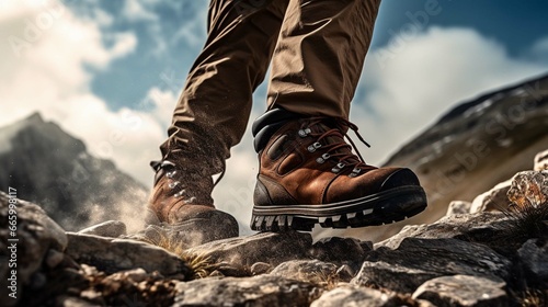 Man hiking up a mountain trail with a close-up of his leather hiking boots. The hiker shown in motion