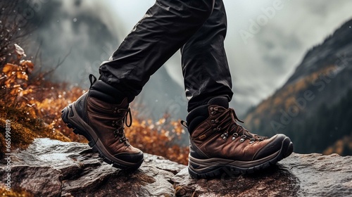 Man hiking up a mountain trail with a close-up of his leather hiking boots. The hiker shown in motion