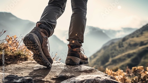Man hiking up a mountain trail with a close-up of his leather hiking boots. The hiker shown in motion © Ahtesham
