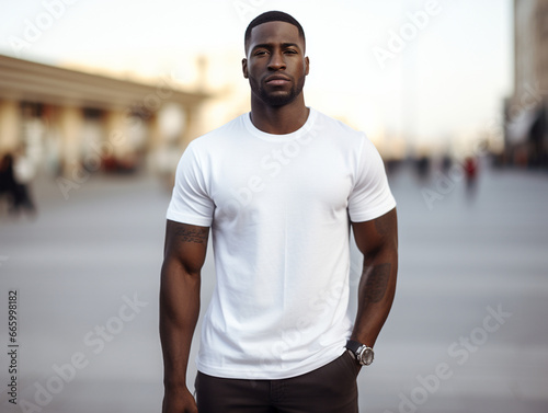 A mockup of an young black man wearing a white T-shirt, outdoor background