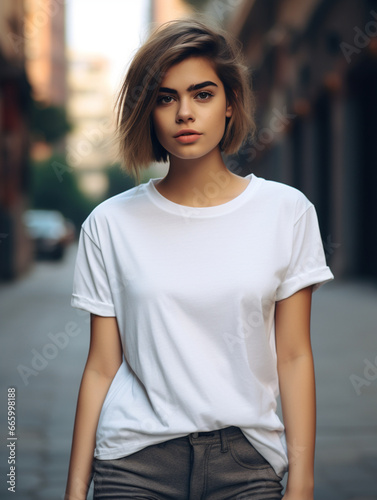 A mockup of a young female model wearing a white T-shirt, outdoor background