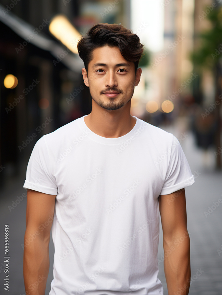 A mockup of an Asian male model wearing a white T-shirt, outdoor background A mockup of an Asian male model wearing a white T-shirt, outdoor background