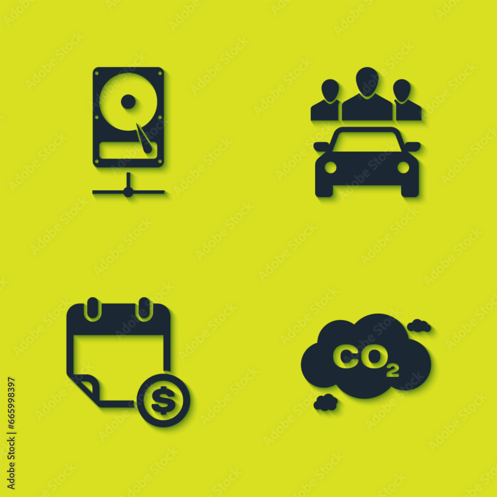 Set Hard disk drive on sharing network, CO2 emissions cloud, Financial calendar and Car icon. Vector