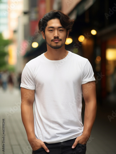 A mockup of an Asian male model wearing a white T-shirt, outdoor background