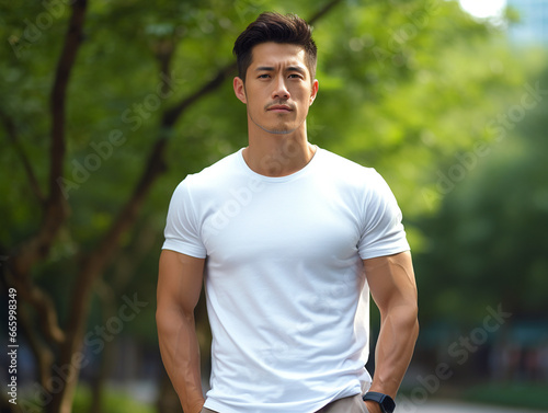 A mockup of an Asian male model wearing a white T-shirt, outdoor background