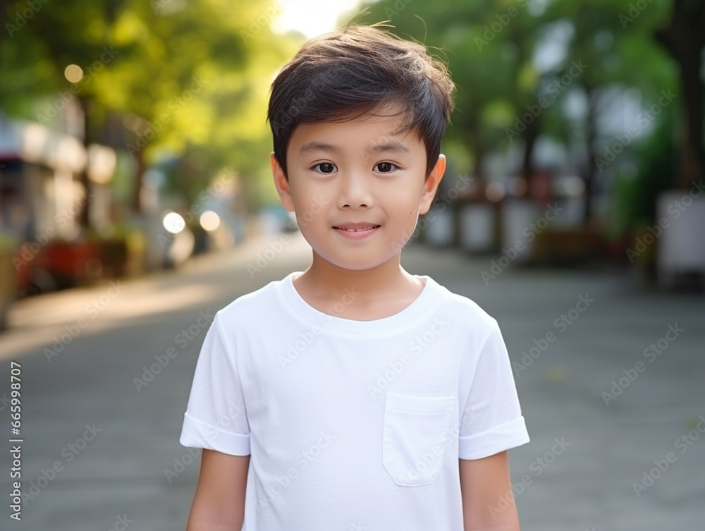 A mockup of An Asian little boy wearing a white T-shirt, outdoor background A mockup of An Asian little boy wearing a white T-shirt, outdoor background