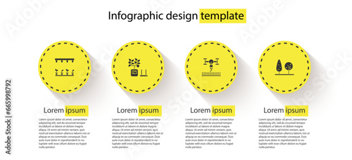 Set Automatic irrigation sprinklers, Smart farming technology, with drone and Trees. Business infographic template. Vector