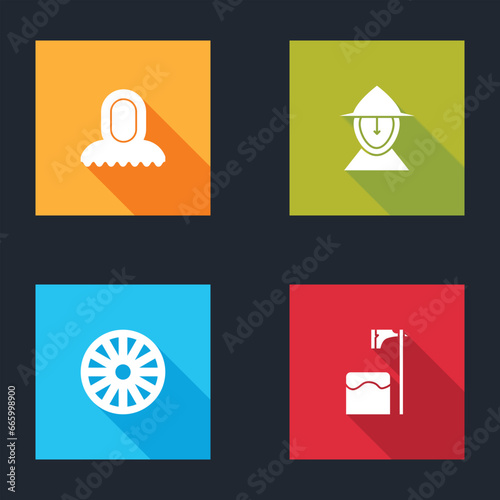 Set Medieval hood, iron helmet, Old wooden wheel and Executioner axe in tree block icon. Vector