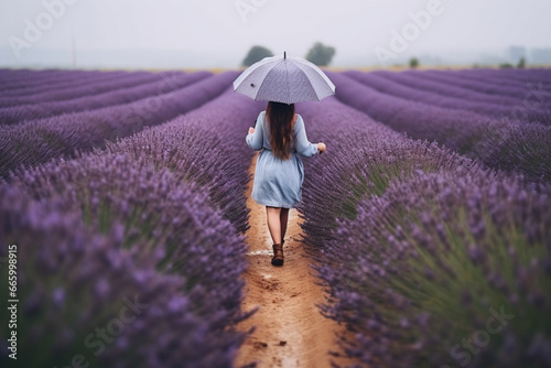 Woman lavender field, A middle-aged woman in a lavender field walks under an umbrella on a rainy day and enjoys