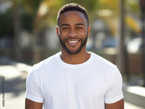 A mockup of an young black man wearing a white T-shirt, outdoor background