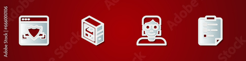 Set Browser with shield, Computer, Hacker or coder and Clipboard checklist icon. Vector