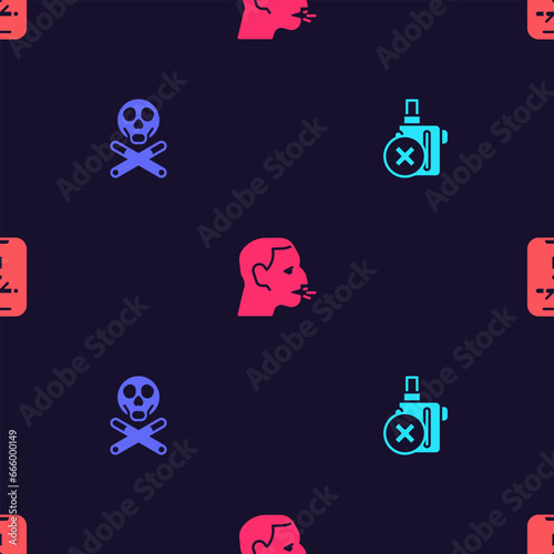 Set No electronic cigarette, Bones and skull, Man coughing and smoking on seamless pattern. Vector
