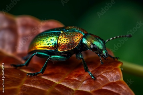 A beetle perched on a vibrant leaf. Generative AI