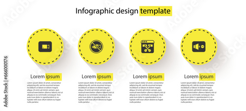Set Play video button, Prohibition no recording, Video recorder editor and Speaker mute. Business infographic template. Vector