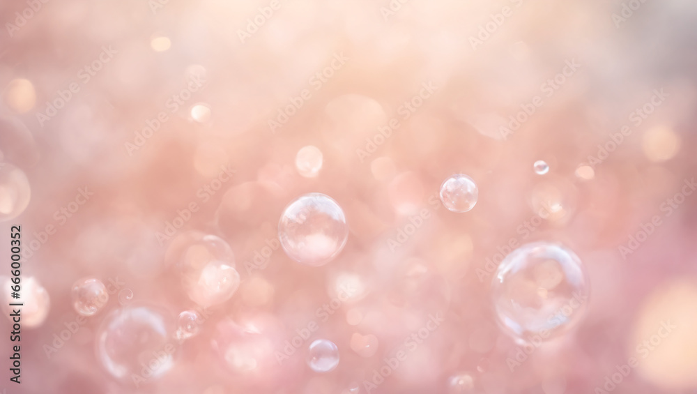 A delicate and ethereal composition with a gentle pastel pink background, whimsical bubbles, and a watercolor-like effect, accompanied by scattered bokeh elements.
