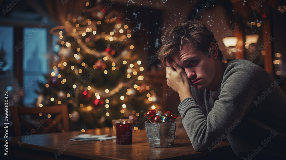 Winter depression showing a sad man in Christmas setting. Generated with ai. - obrazy, fototapety, plakaty 
