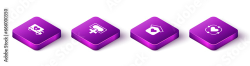 Set Isometric Humanitarian truck, Donation and charity, Shelter for homeless and Volunteer icon. Vector