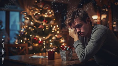 Winter depression showing a sad man in Christmas setting. Generated with ai.