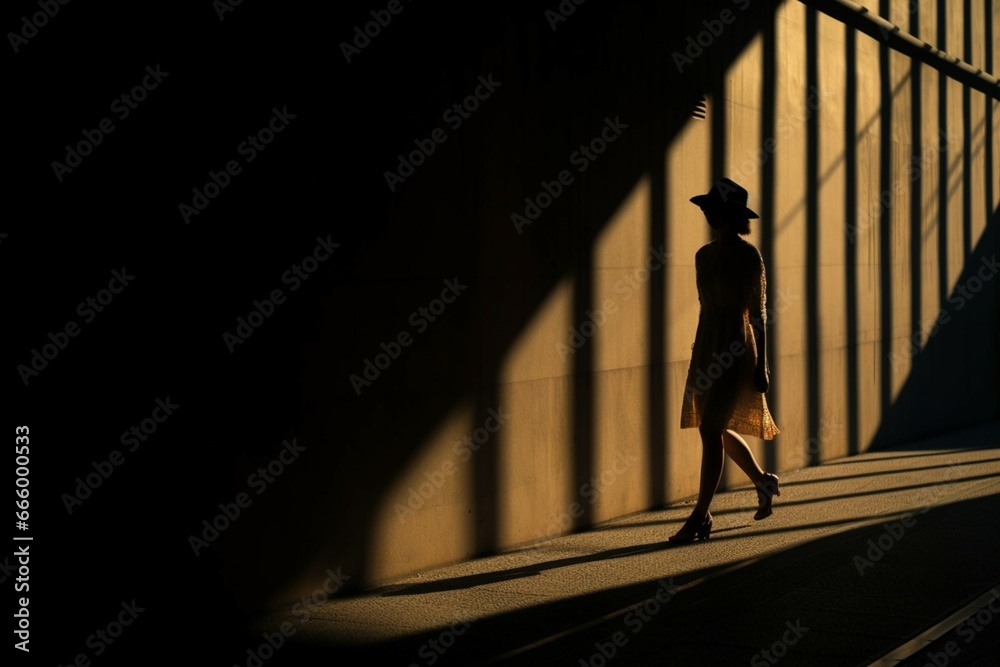 Woman walking in shadows in the city, dark light photography - obrazy, fototapety, plakaty 