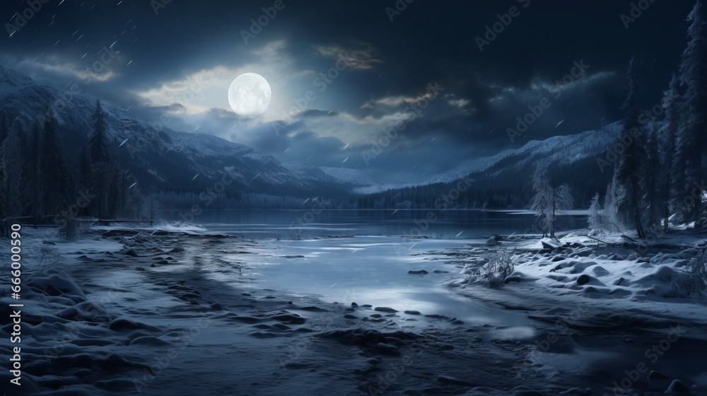 Winter mountain landscape at night with moon