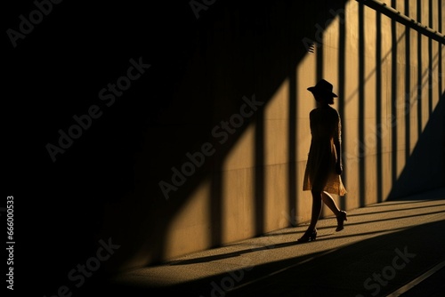 Woman walking in shadows in the city, dark light photography © alisaaa