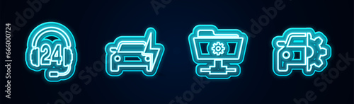 Set line Headphone for support, Electric car, FTP settings folder and Car service. Glowing neon icon. Vector