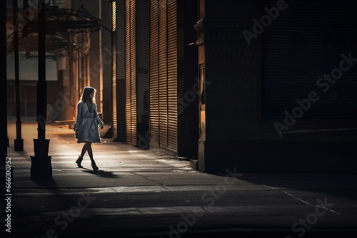 Woman walking in shadows in the city  dark light photography