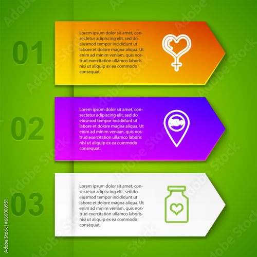 Set line Female gender and heart, Location with 18 plus, Bottle pills for potency and Condoms in package. Business infographic template. Vector