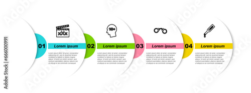 Set line Movie clapper with Sex, Head 18 plus, Handcuffs and Spanking paddle. Business infographic template. Vector