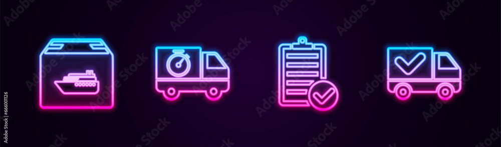 Set line Cargo ship with boxes, Delivery truck and stopwatch, Verification of delivery list and check mark. Glowing neon icon. Vector Set line Cargo ship with boxes, Delivery truck and stopwatch, Verification of delivery list and check mark. Glowing neon icon. Vector