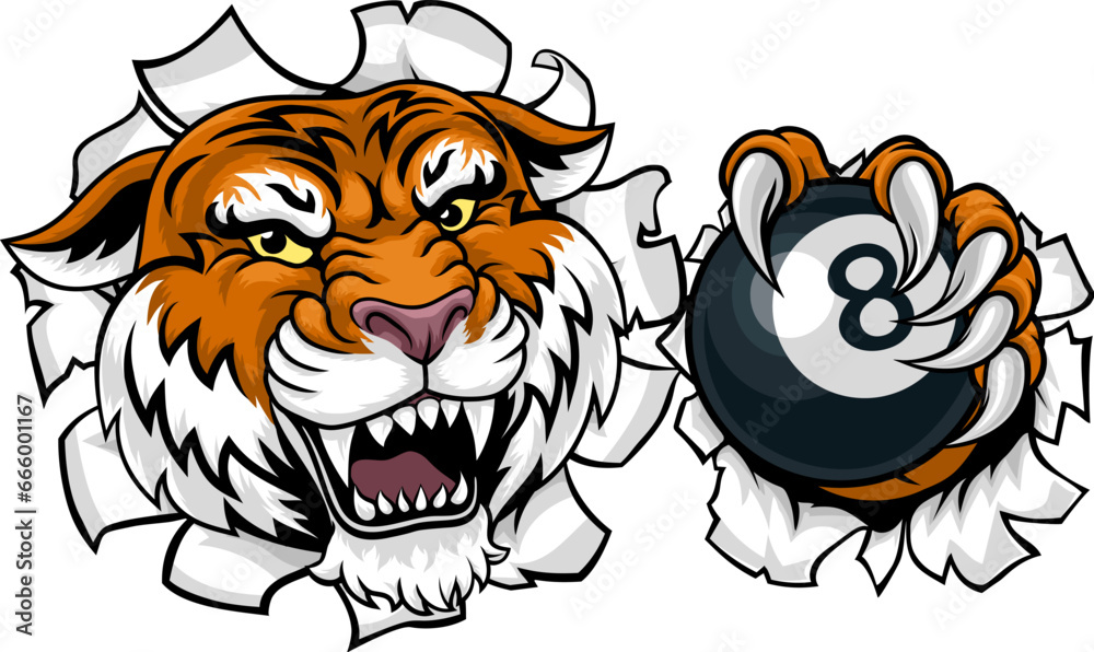 A tiger angry mean pool billiards mascot cartoon character holding a black 8 ball. A tiger angry mean pool billiards mascot cartoon character holding a black 8 ball.