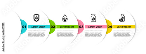 Set line Shield and marijuana, Marijuana or cannabis leaf oil, Medical bottle with and . Business infographic template. Vector