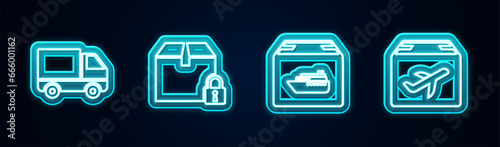 Set line Delivery cargo truck vehicle, Locked package, Cargo ship with boxes and Plane and cardboard. Glowing neon icon. Vector