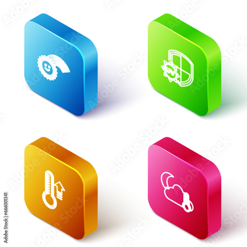 Set Isometric line Rainbow with sun, UV protection, Meteorology thermometer and Thermometer and cloud, moon icon. Vector
