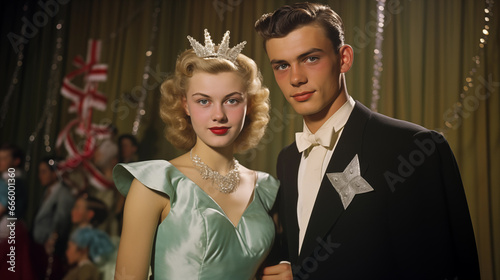 young couple in fancy dress prom king and queen, vintage photo 1940, 1950 photo