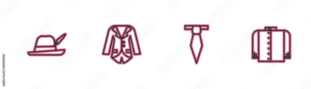 Set line Oktoberfest hat, Tie, Blazer or jacket and T-shirt icon. Vector Set line Oktoberfest hat, Tie, Blazer or jacket and T-shirt icon. Vector