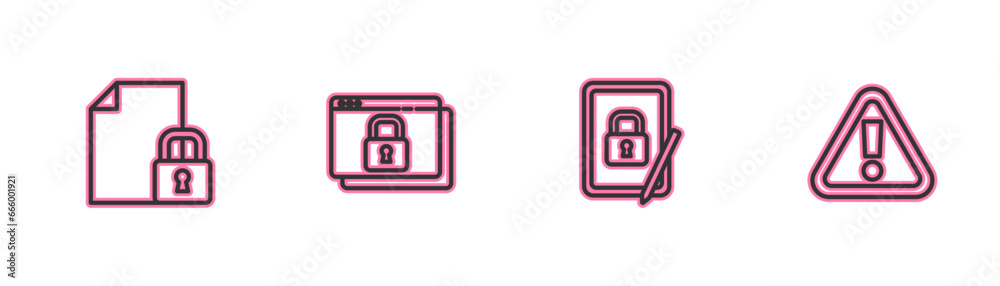 Set line Document and lock, Tablet with closed padlock, Secure your site HTTPS, SSL and Exclamation mark in triangle icon. Vector Set line Document and lock, Tablet with closed padlock, Secure your site HTTPS, SSL and Exclamation mark in triangle icon. Vector