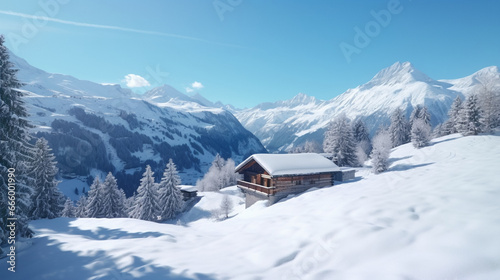 copy space  stockphoto  amazing swiss winter landscape with amazing lot of snow  snow covered pine trees  small typical wooden barn. Beautiful design for a calendar. Winter wonder landscape is Austria