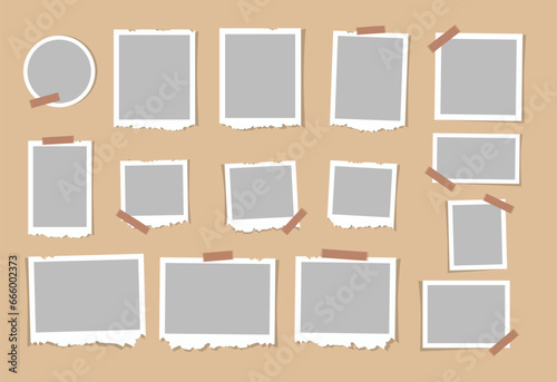 Photo frames pictures collage. Empty photo templates illustrations with shadows and with ragged edges. Vector collection. Vector set. Photo frames fixed with sticky tape . Digital photo wall template