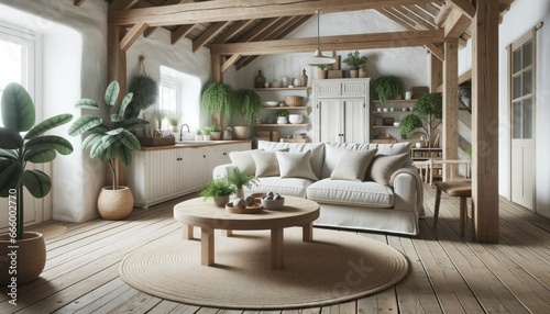Photo showcasing a Scandinavian-inspired living room in a rustic farmhouse