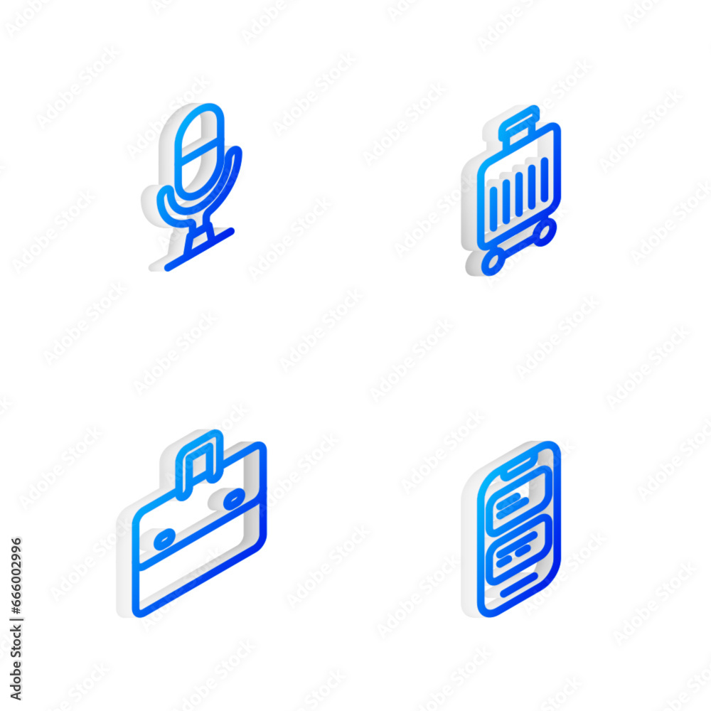 Set Isometric line Suitcase, Microphone voice device, Briefcase and Online translator icon. Vector Set Isometric line Suitcase, Microphone voice device, Briefcase and Online translator icon. Vector