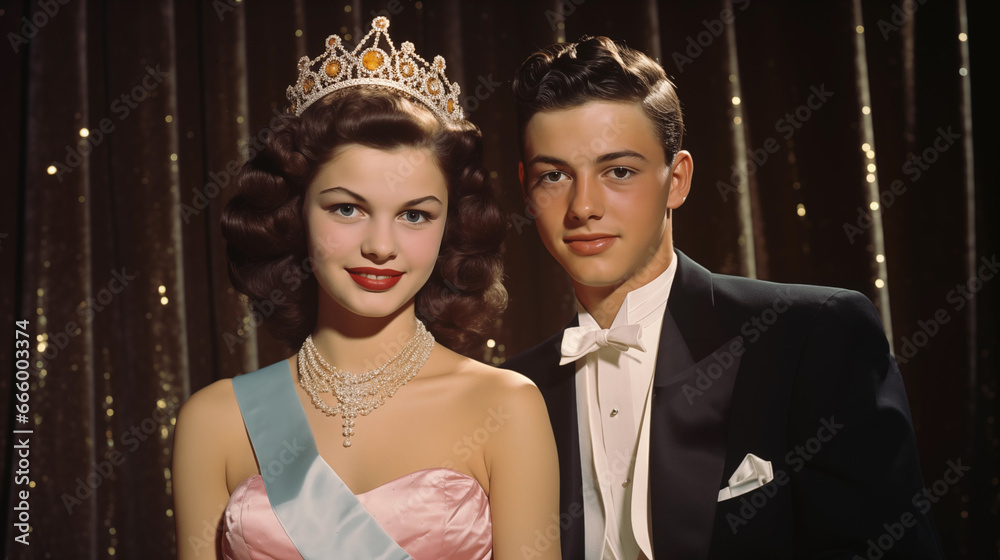 young couple prom king and queen, vintage photo in front of gold curtain 1940, 1950 - obrazy, fototapety, plakaty 